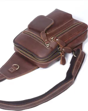 Genuine Leather Mens Cool Chest Bag Sling Bag Crossbody Sling Pack Brown One Shoulder Backpack for men
