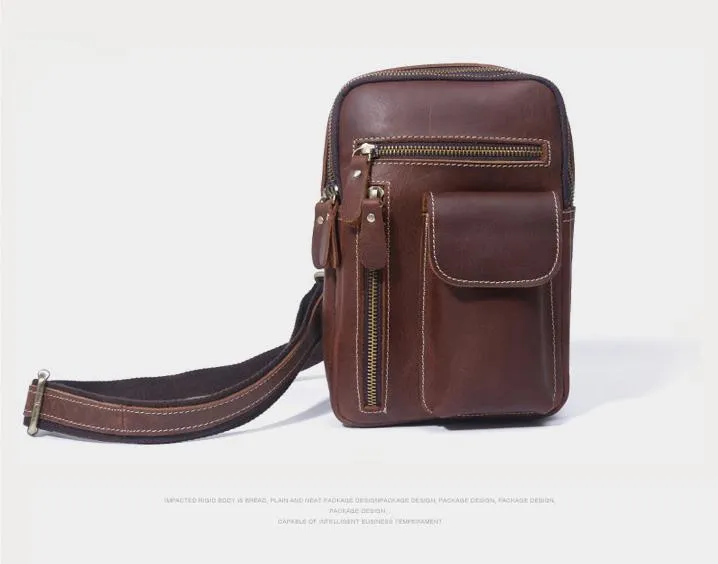 Genuine Leather Mens Cool Chest Bag Sling Bag Crossbody Sling Pack Brown One Shoulder Backpack for men