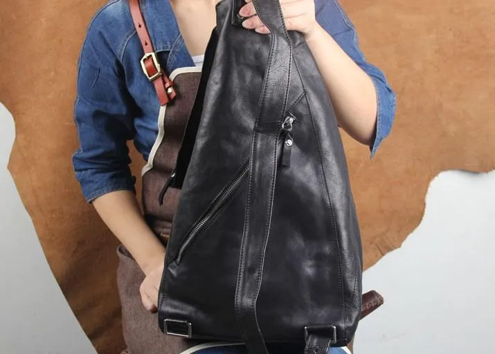 Genuine Leather Mens Cool Sling Bag Large Chest Bag Sling Pack One Shoulder Backpack for men