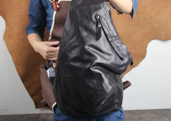 Genuine Leather Mens Cool Sling Bag Large Chest Bag Sling Pack One Shoulder Backpack for men