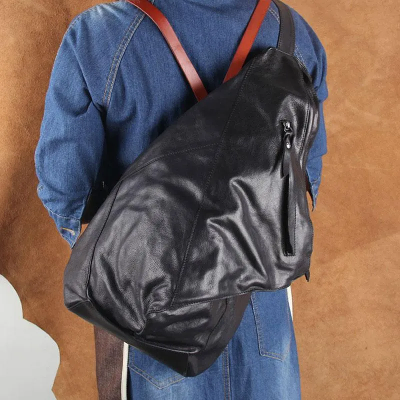 Genuine Leather Mens Cool Sling Bag Large Chest Bag Sling Pack One Shoulder Backpack for men