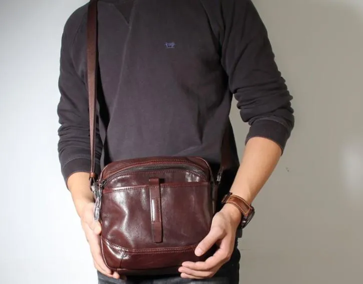 Genuine Leather Mens Cool Small Messenger Bag Sling Bag Chest Bag Bike Bag Cycling Bag for men
