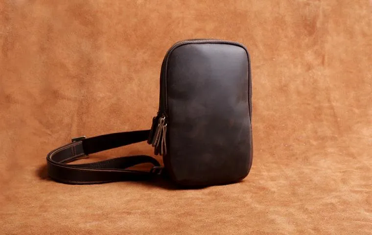 Genuine Leather Mens Sling Bag Cool Chest Bag Crossbody Pack Travel Sling Pack for men