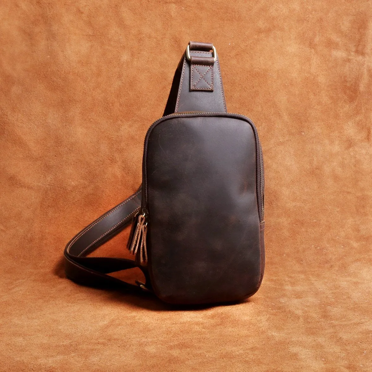 Genuine Leather Mens Sling Bag Cool Chest Bag Crossbody Pack Travel Sling Pack for men