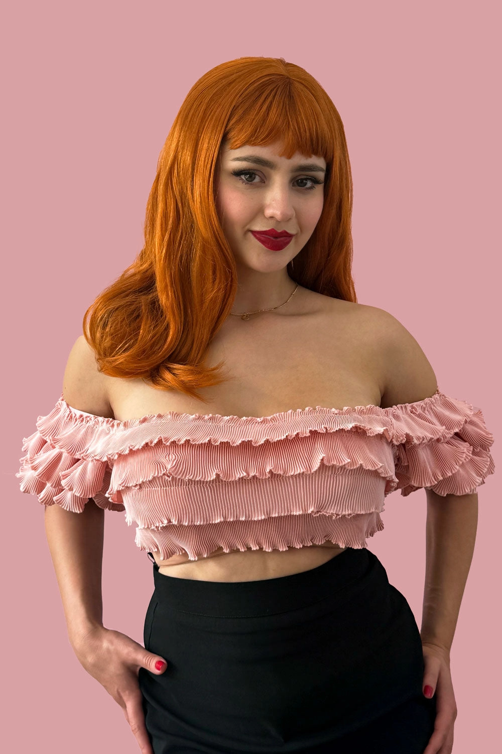 Ginger long wavy bob (LOB) wig with straight retro fringe: Cerissa