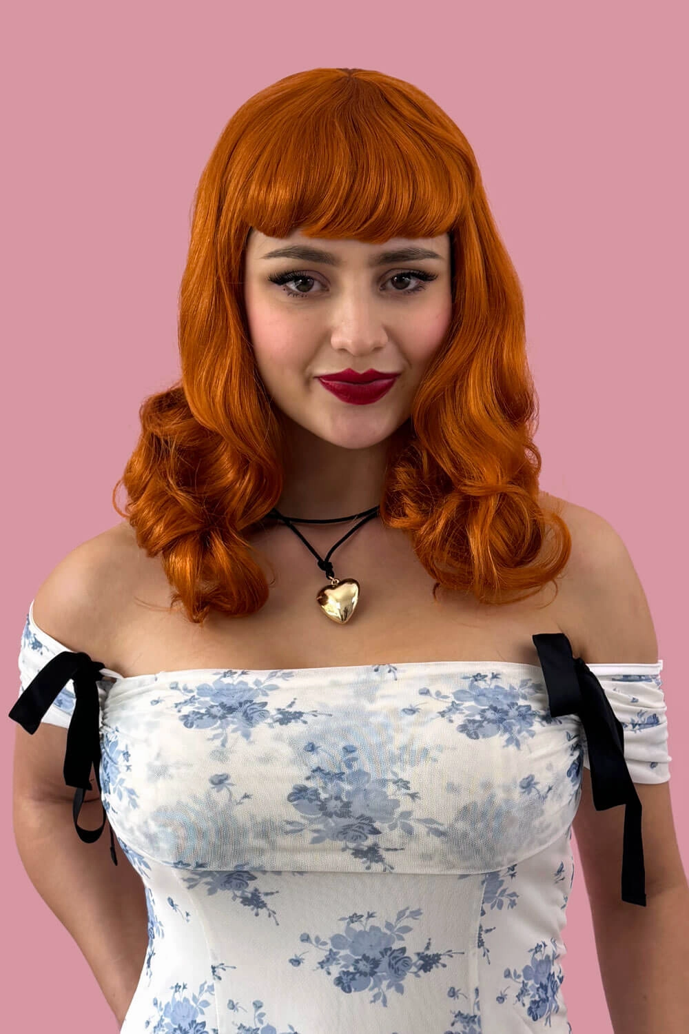 Ginger pinup style wig, finger waved with short fringe, 1950s style: Sienna