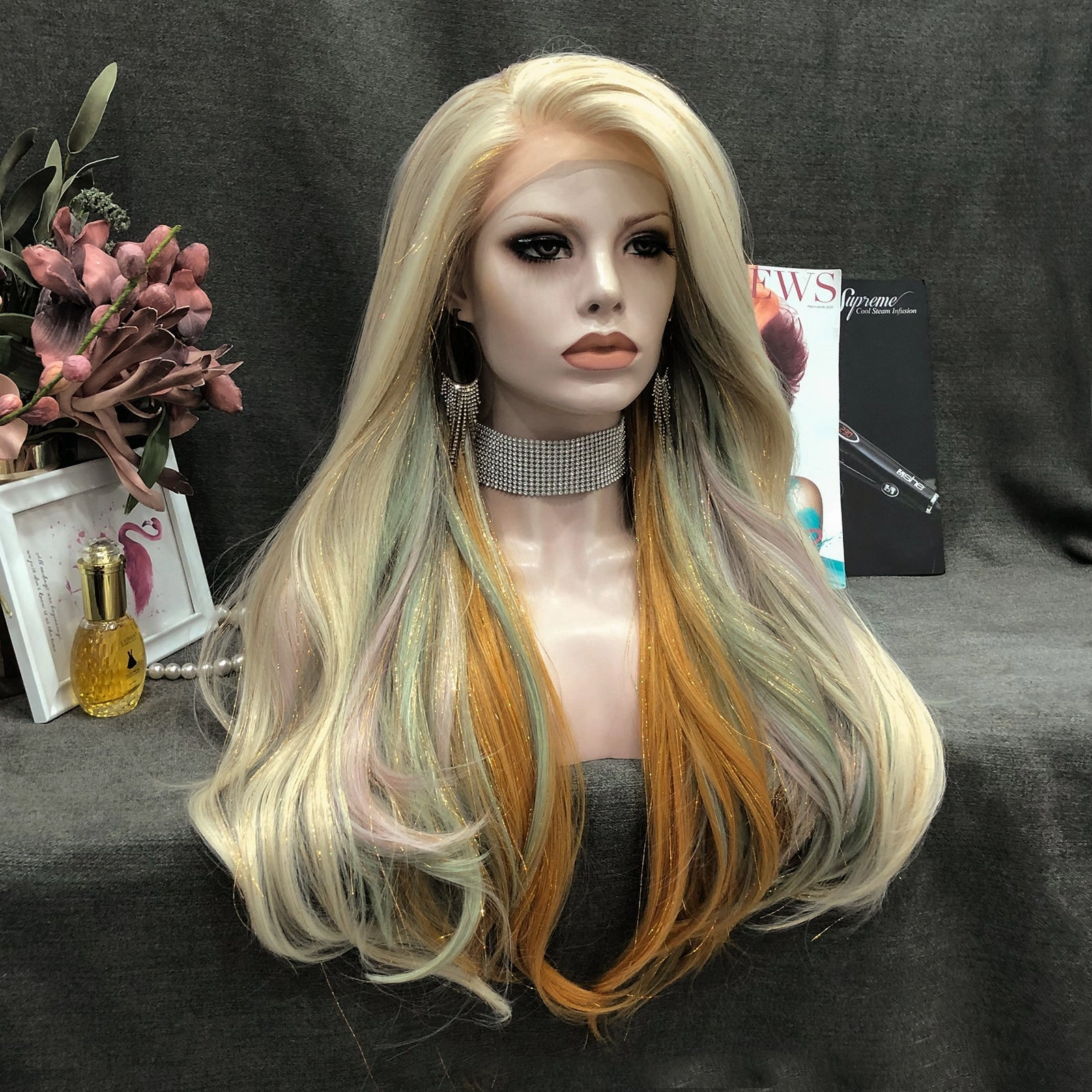 Gloria - Blonde-Light green & Deep Yellow Highlighted With Shiny Tinsel Synthetic Lace Front Wig