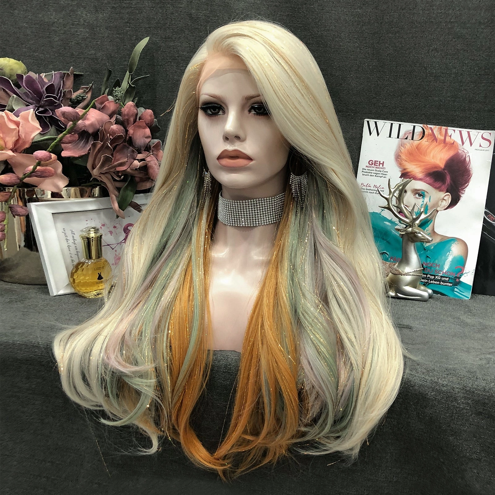 Gloria - Blonde-Light green & Deep Yellow Highlighted With Shiny Tinsel Synthetic Lace Front Wig