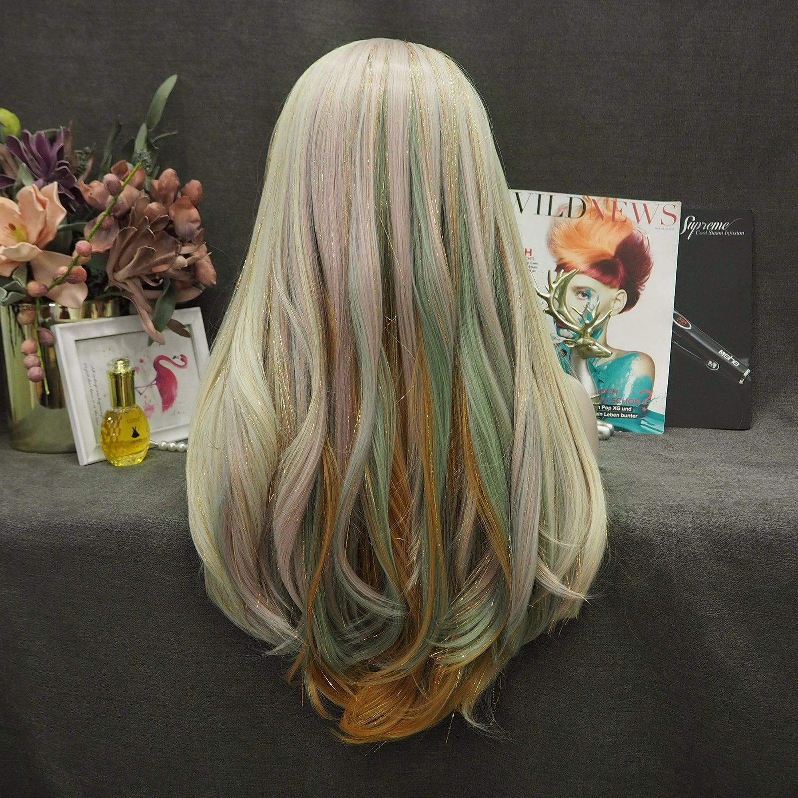 Gloria - Blonde-Light green & Deep Yellow Highlighted With Shiny Tinsel Synthetic Lace Front Wig