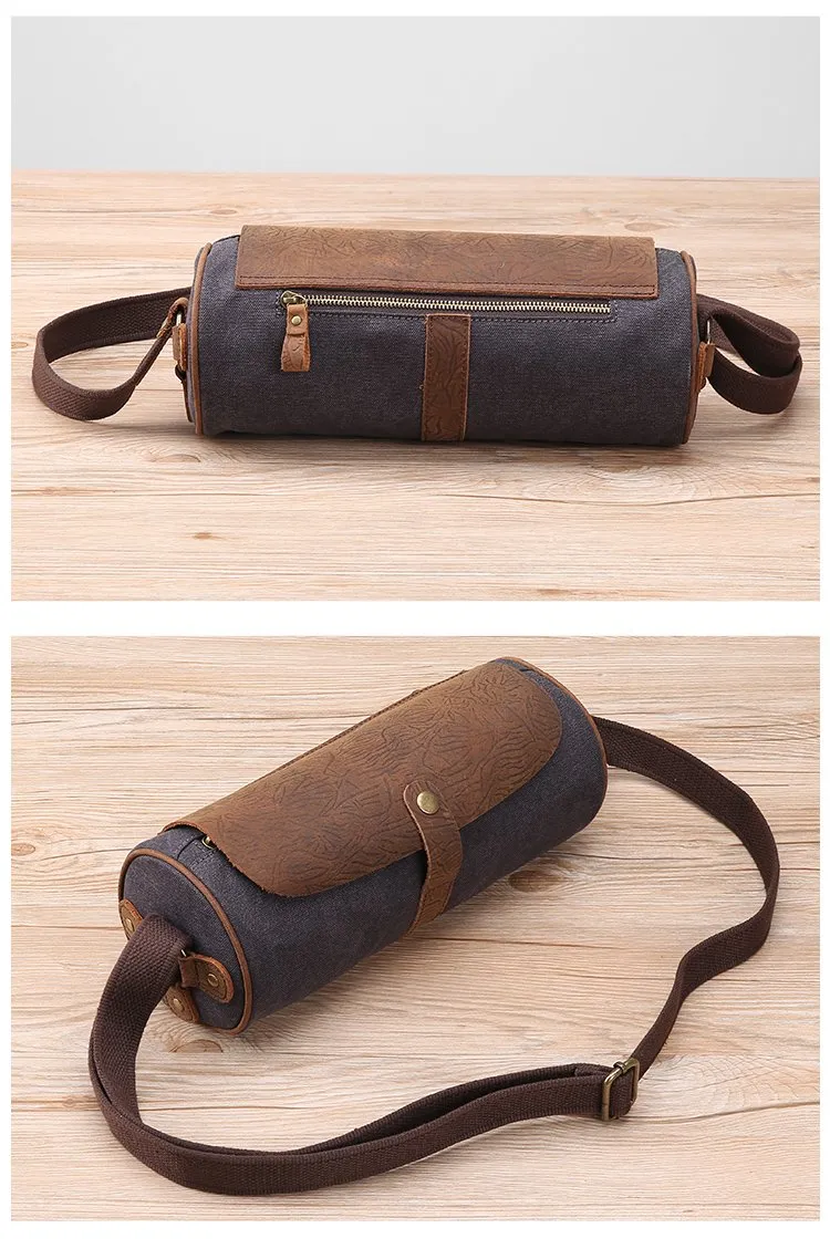 Gray Leather Mens Green Barrel Sling Bag Postman Bag Bucket Messenger Bag Side Bag For Men