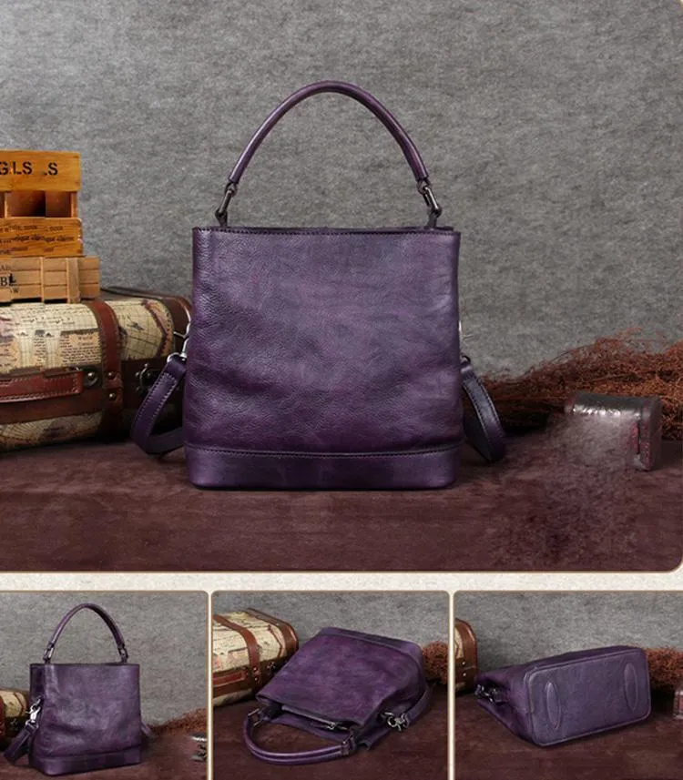 Grey Ladies Vintage Leather Bucket Handbag Leather Bucket Brown Shoulder Bag Barrel Purse for Women