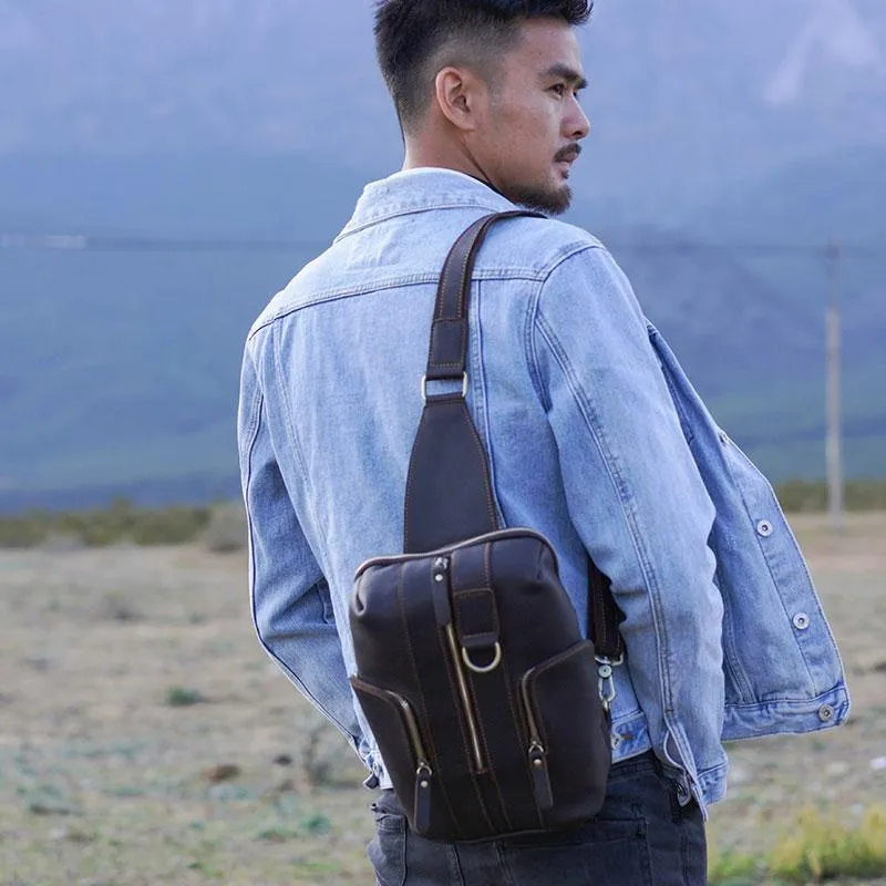 Handmade Genuine Leather Coffee Mens Cool Sling Pack Bag Crossbody Bag Chest Bag for men