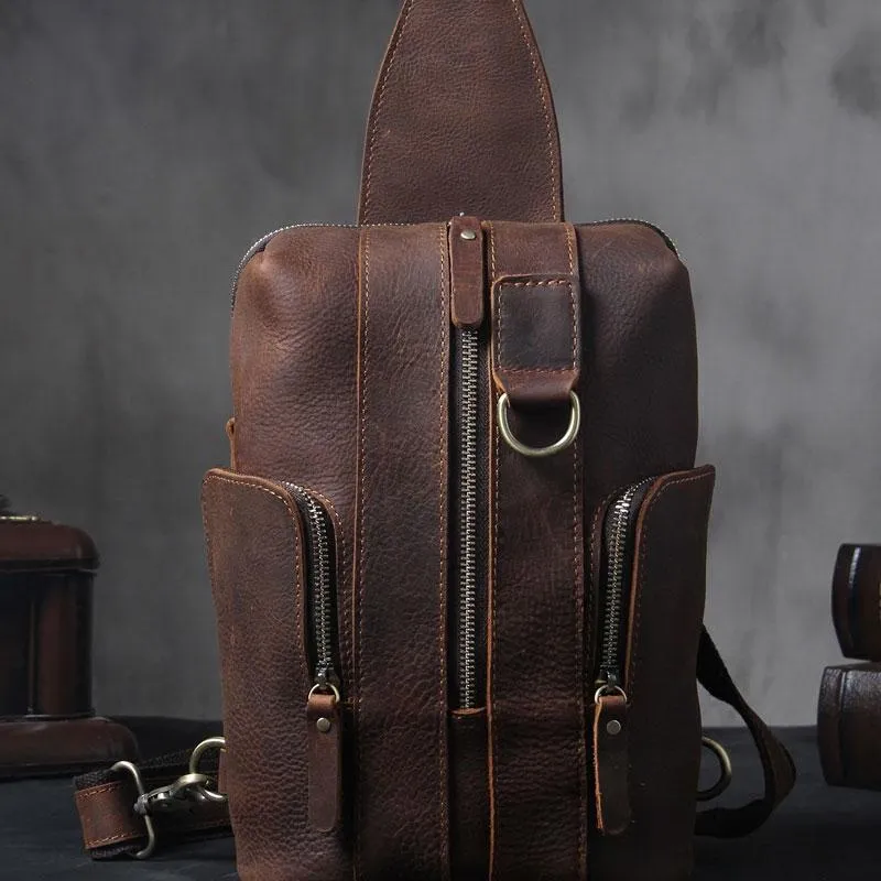 Handmade Genuine Leather Coffee Mens Cool Sling Pack Bag Crossbody Bag Chest Bag for men