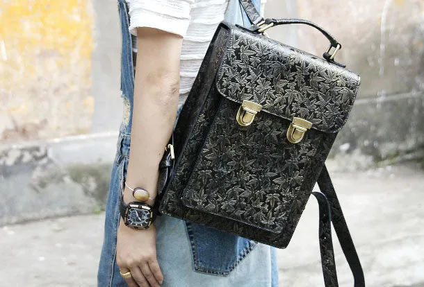 Handmade Leather cute black backpack bag shoulder bag handbag women leather purse