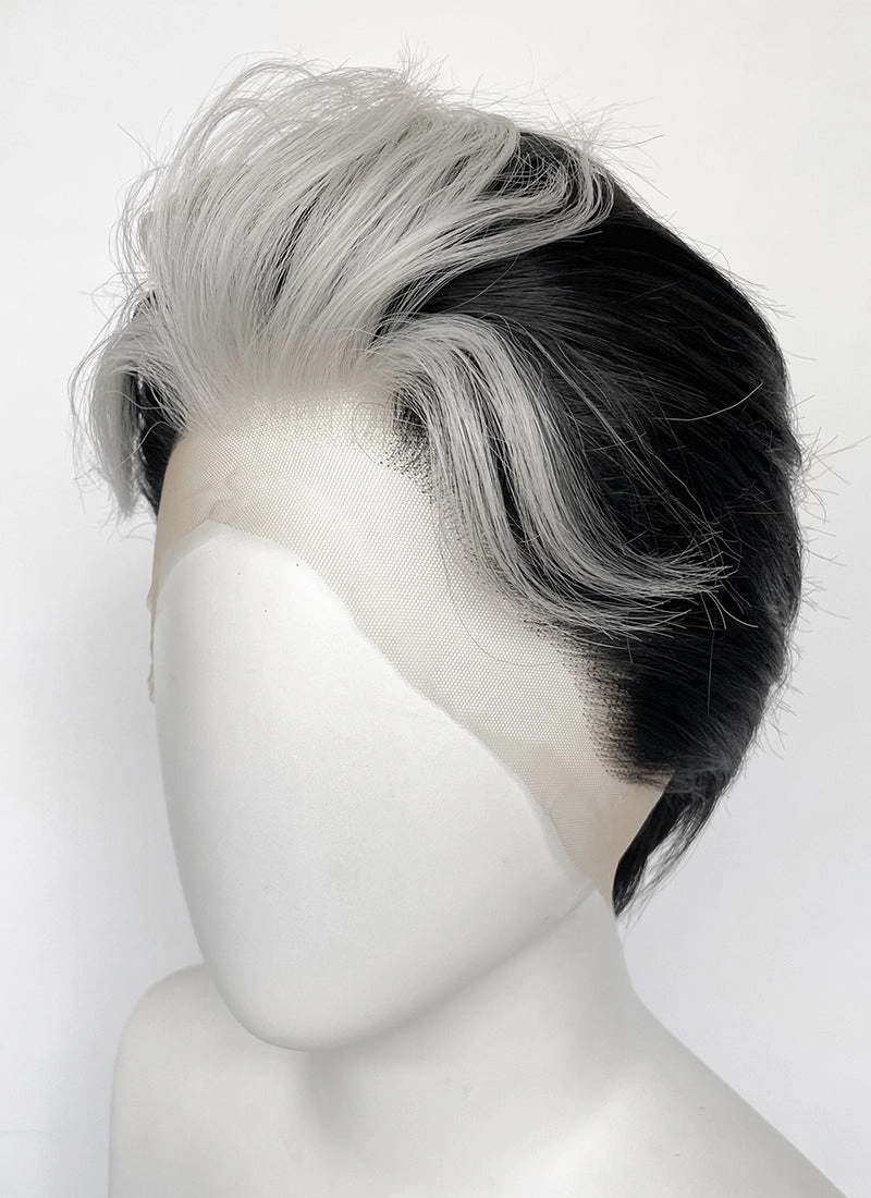 Helluva Boss Blitzo Buckzo Black and Silver White Money Piece Straight Lace Front Synthetic Men's Wig LF6065