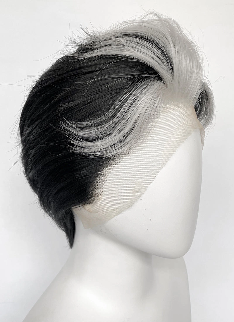 Helluva Boss Blitzo Buckzo Black and Silver White Money Piece Straight Lace Front Synthetic Men's Wig LF6065