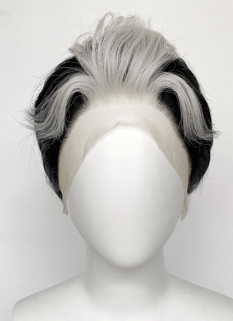 Helluva Boss Blitzo Buckzo Black and Silver White Money Piece Straight Lace Front Synthetic Men's Wig LF6065
