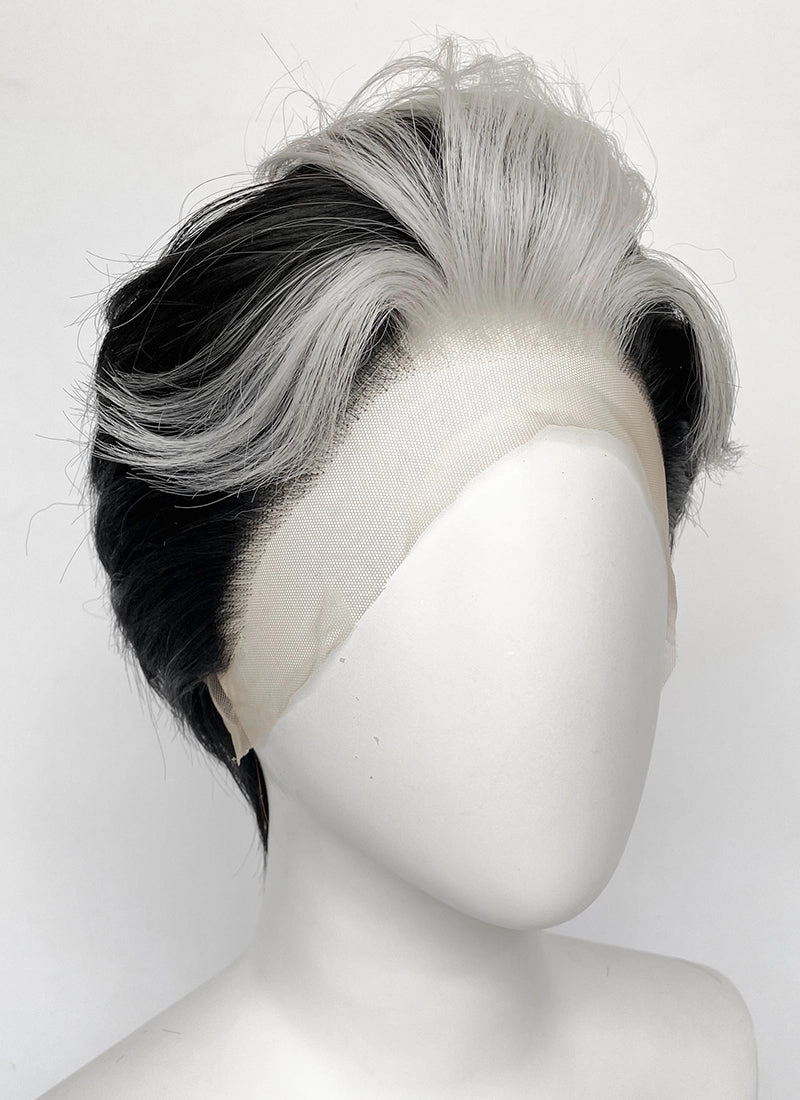 Helluva Boss Blitzo Buckzo Black and Silver White Money Piece Straight Lace Front Synthetic Men's Wig LF6065