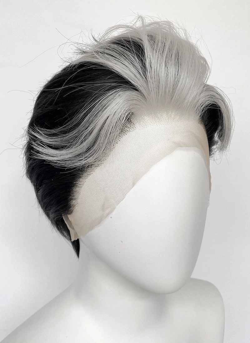 Helluva Boss Blitzo Buckzo Black and Silver White Money Piece Straight Lace Front Synthetic Men's Wig LF6065