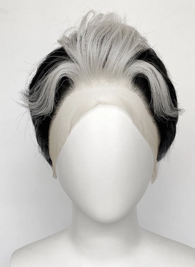 Helluva Boss Blitzo Buckzo Black and Silver White Money Piece Straight Lace Front Synthetic Men's Wig LF6065