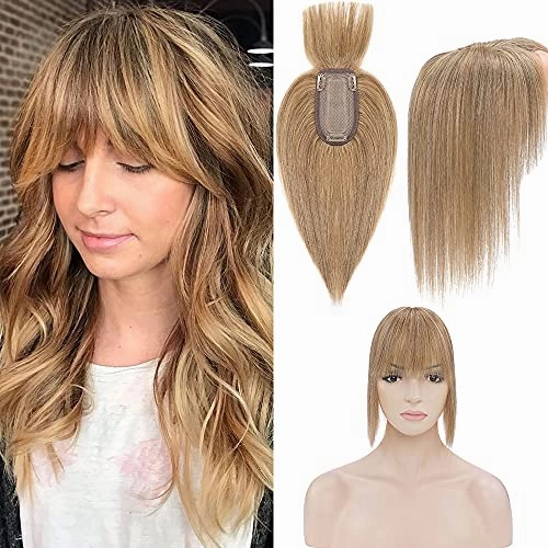Human Hair Synthetic Blend Hair topper with bangs