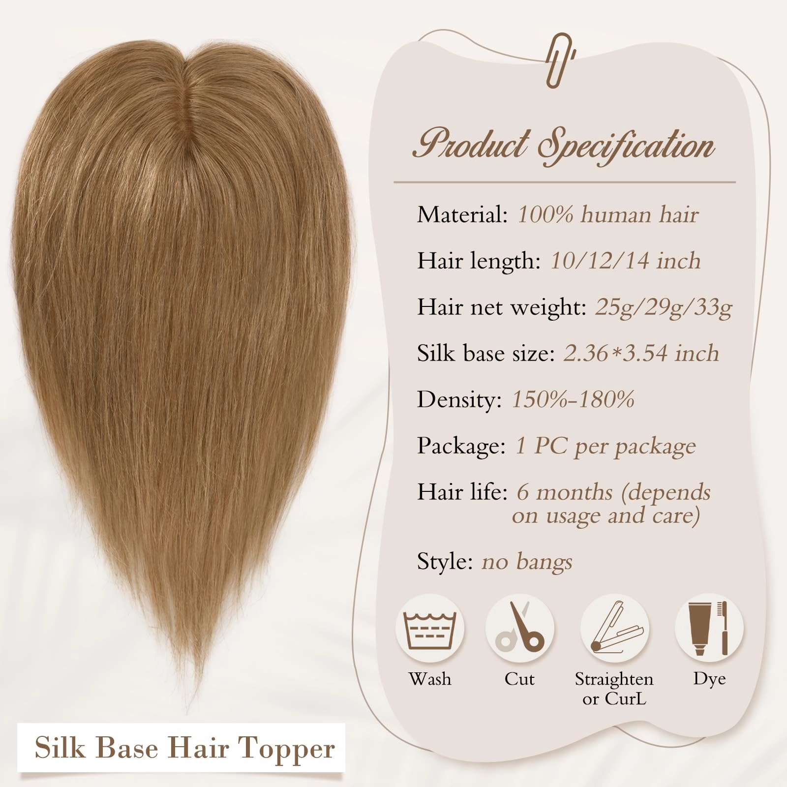 Human Hair Topper Crown Topper Hair Piece for Women 6X9 cm Base