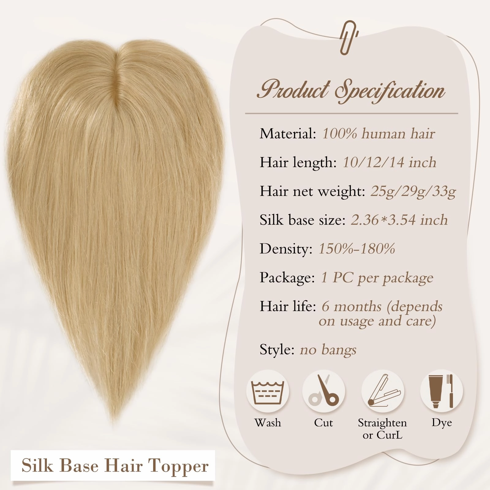 Human Hair Topper Crown Topper Hair Piece for Women 6X9 cm Base