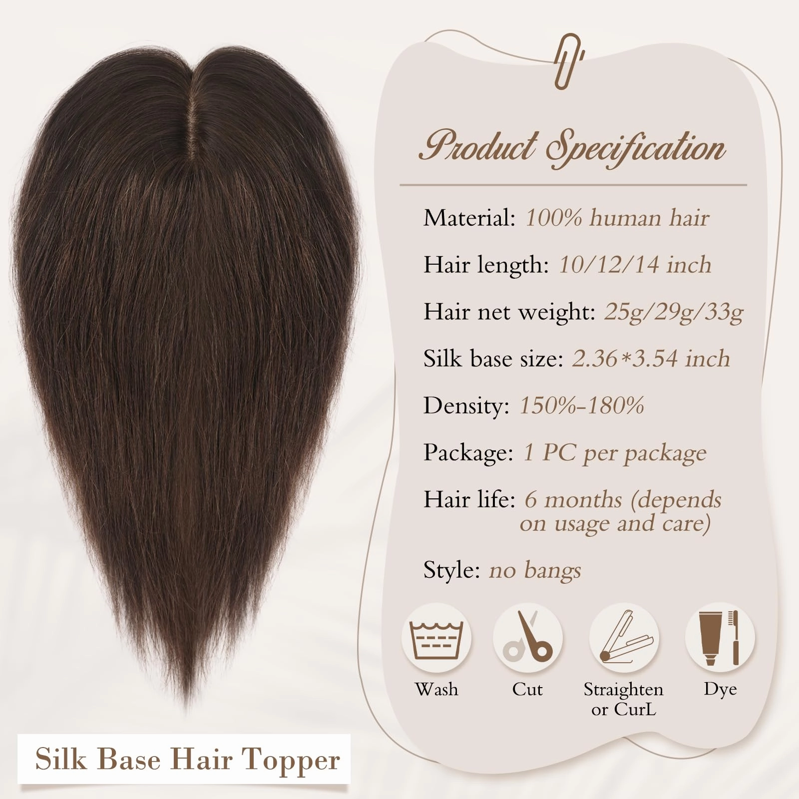 Human Hair Topper Crown Topper Hair Piece for Women 6X9 cm Base