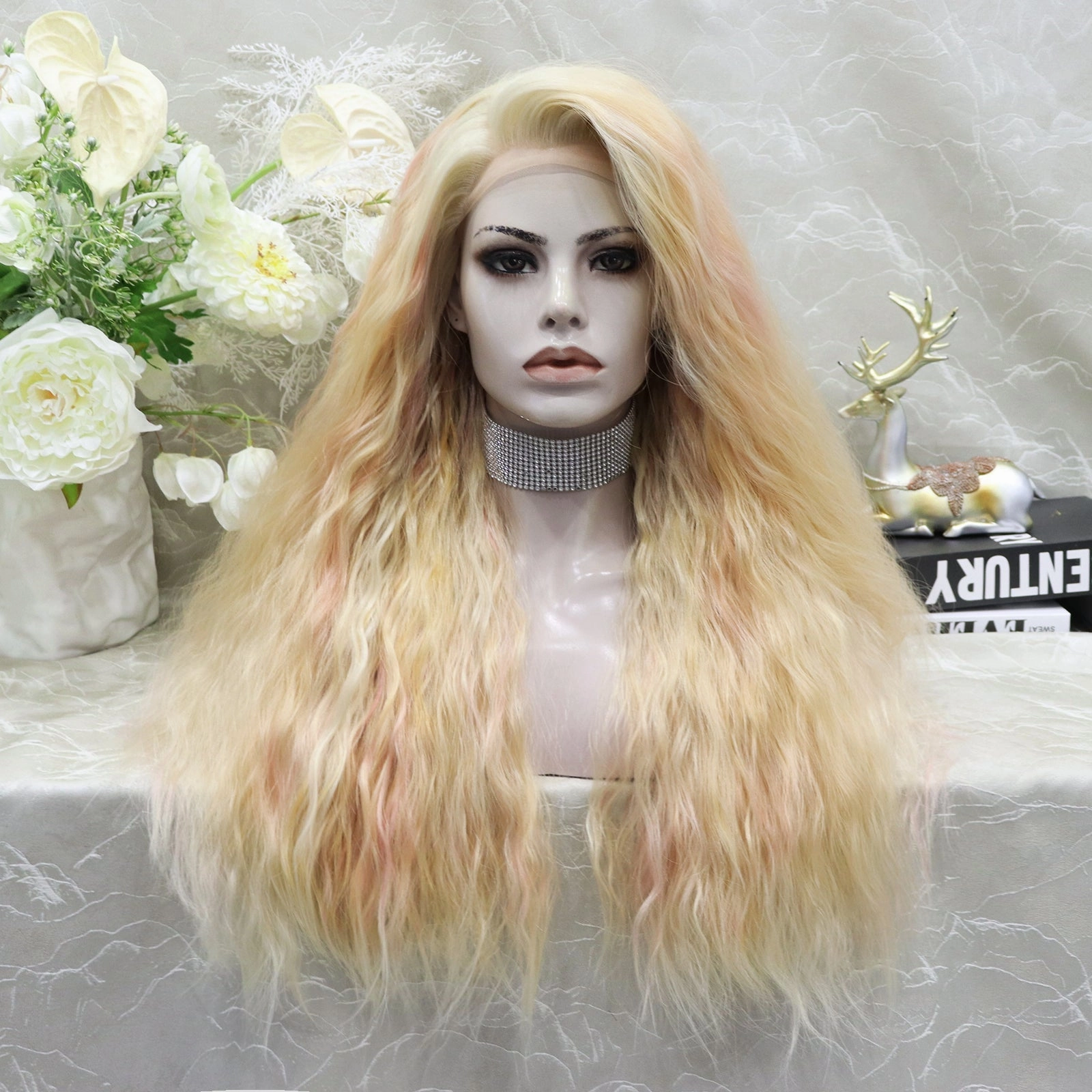 IMstyle Champagne-Multicolored Purple&Pink&Blonde Long Loose Curl 28'' Synthetic Lace Front Wig
