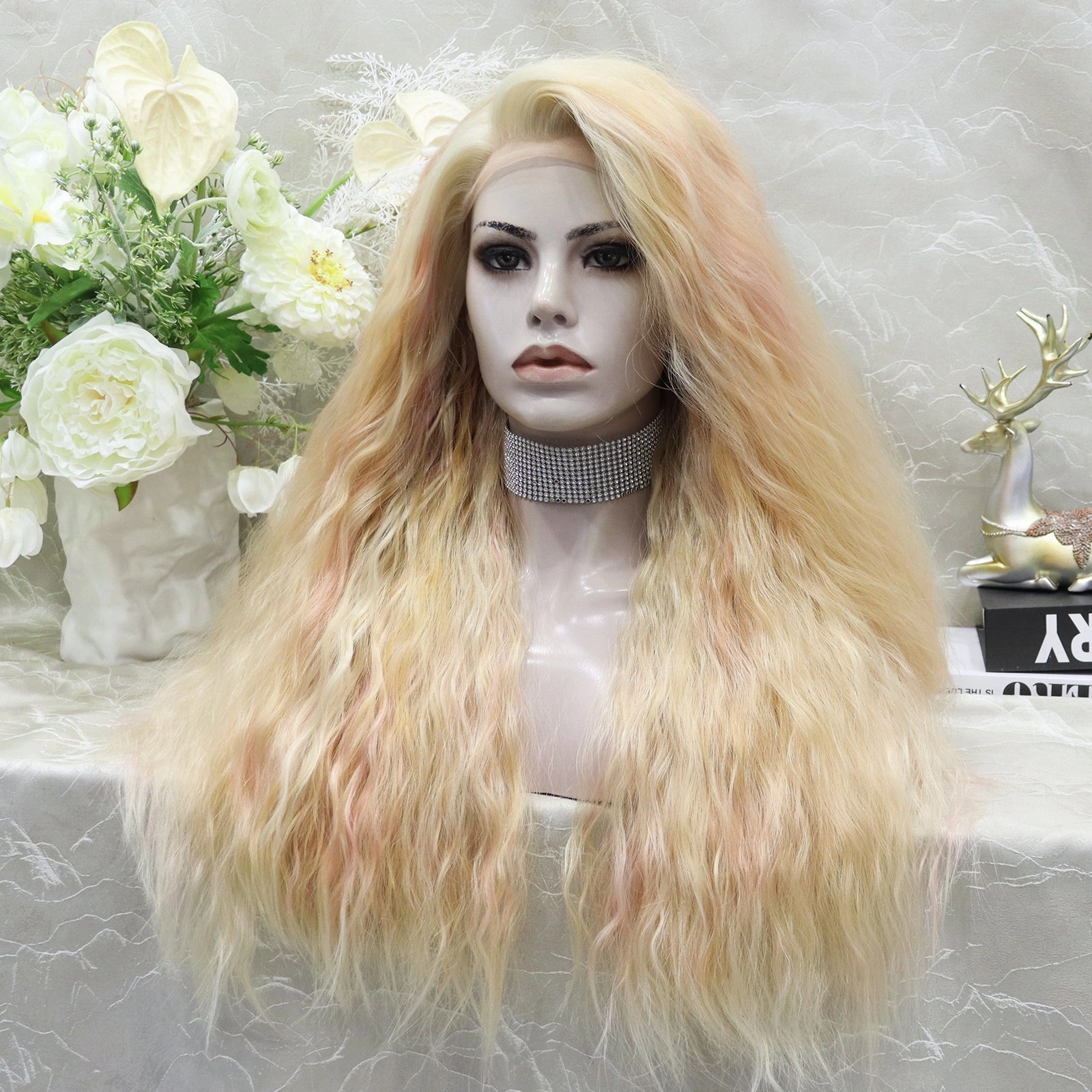 IMstyle Champagne-Multicolored Purple&Pink&Blonde Long Loose Curl 28'' Synthetic Lace Front Wig