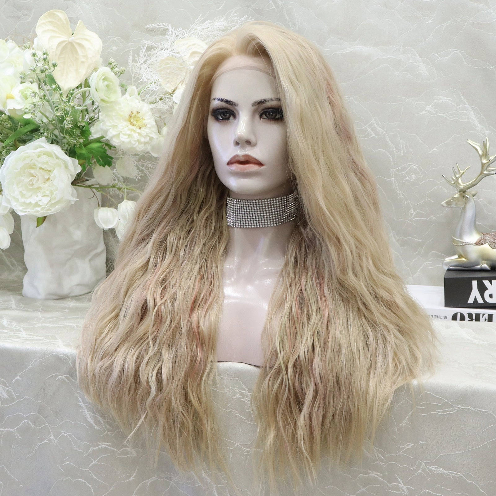 IMstyle Champagne-Multicolored Purple&Pink&Blonde Long Loose Curl 28'' Synthetic Lace Front Wig