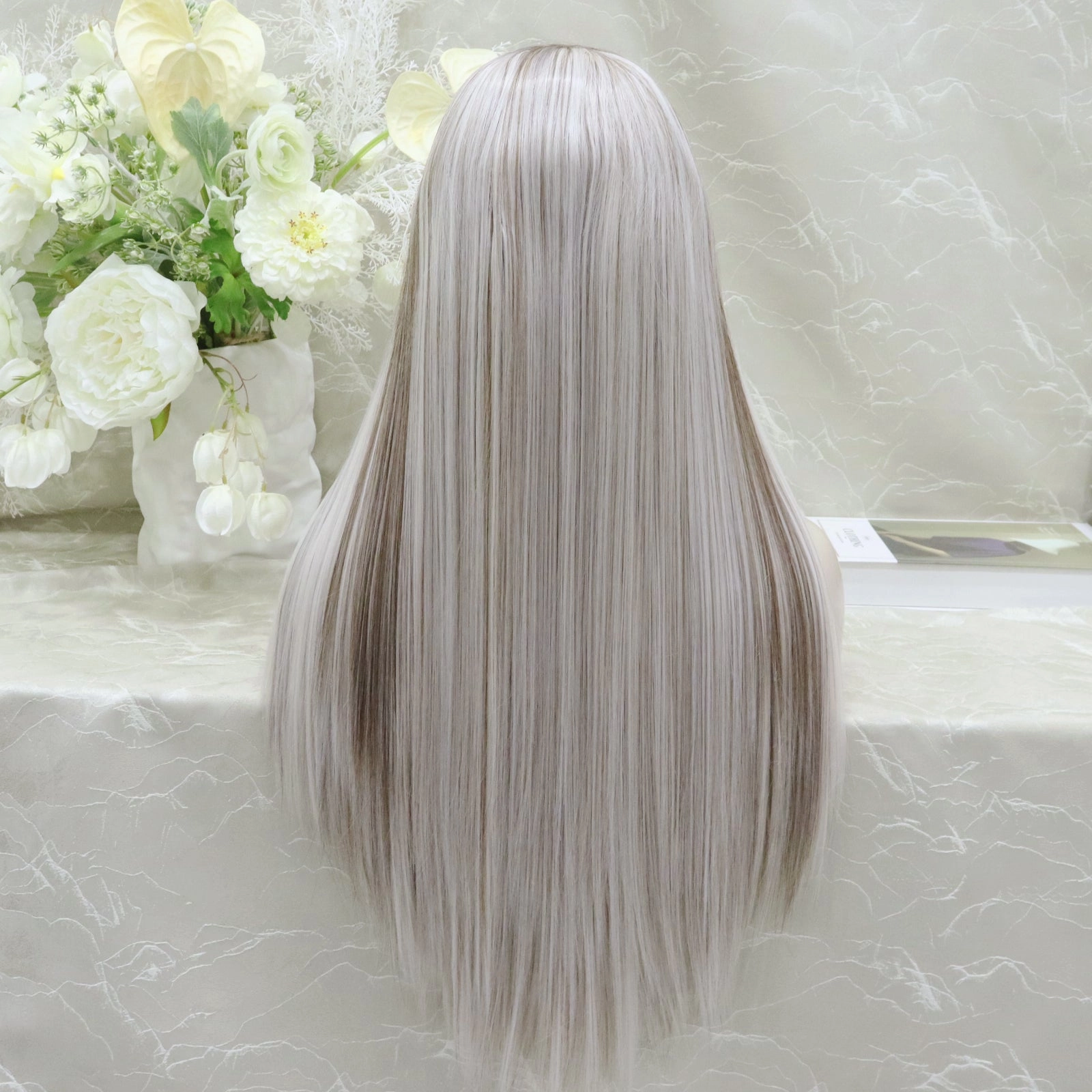 Imstyle sliver mist grey with highlights and dark roots 28 inches free part Synthetic Lace Front Wig