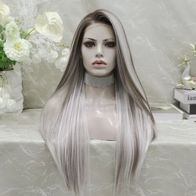 Imstyle sliver mist grey with highlights and dark roots 28 inches free part Synthetic Lace Front Wig