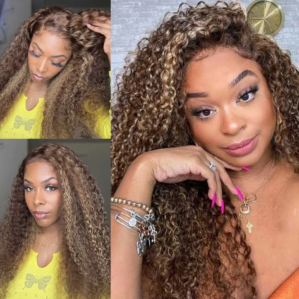 Karla | Honey Blonde Highlight Preplucked Virgin Human Hair Curly Lace Wig