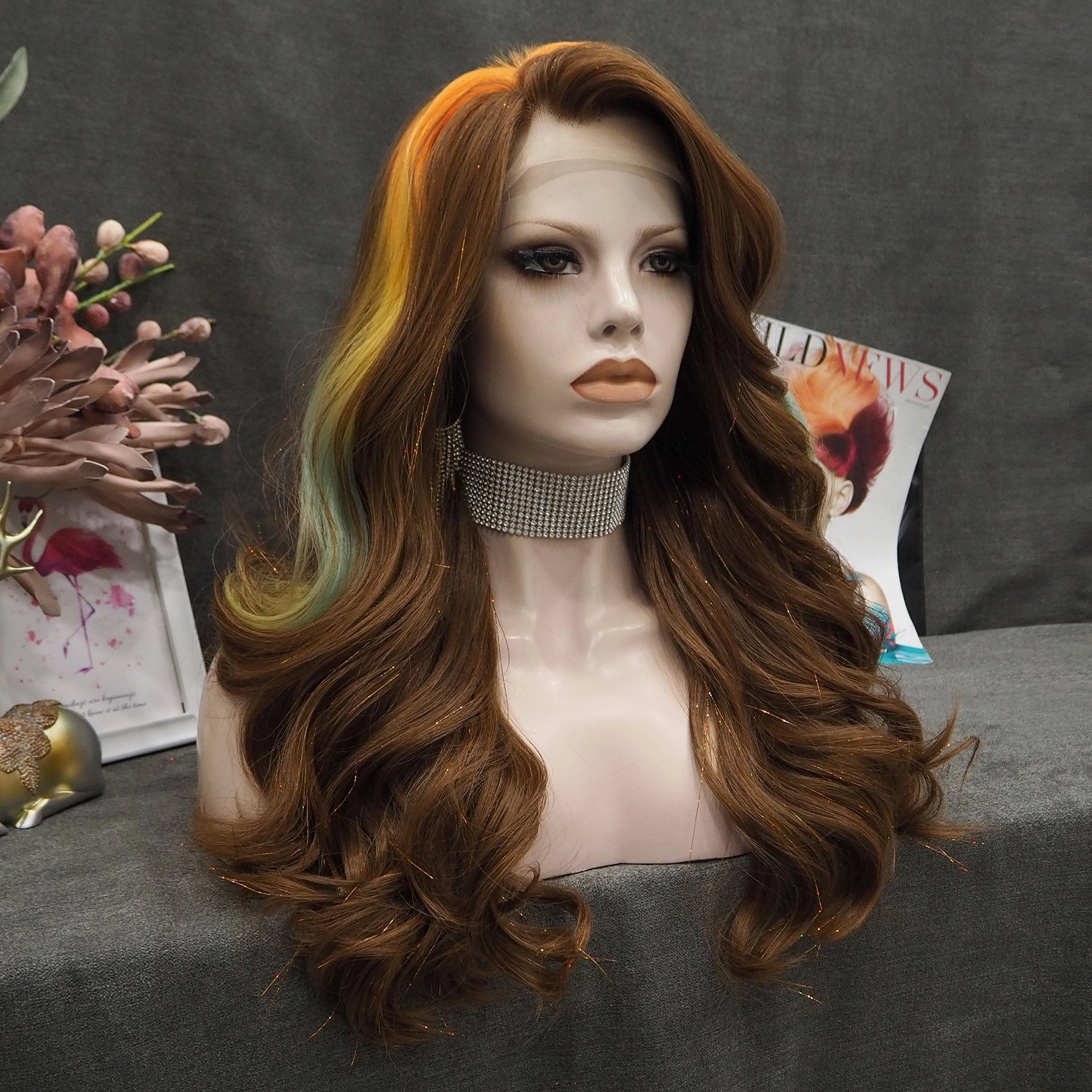 Kassie - Chocolate Brown Mixed With A Stand of Rainbow Hair Tinsel Synthetic Lace Front Wig