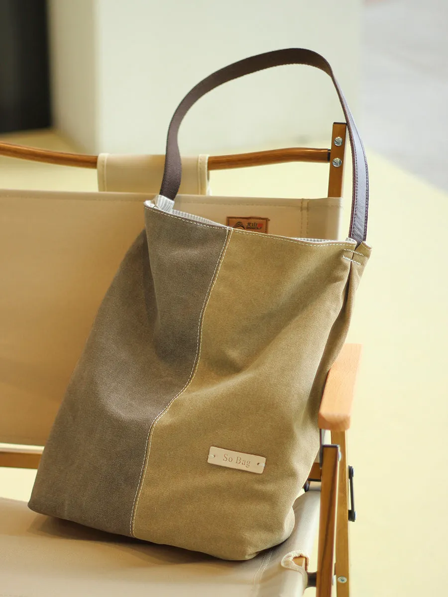 Khaki Canvas Splicing Tote Bag Canvas Womens Handbag Canvas Tote Shoulder Bag for Men Women