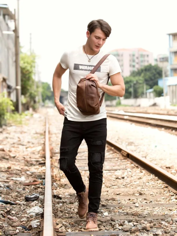 Leather Mens Cool Sling Bag Crossbody Bag Chest Bag for men