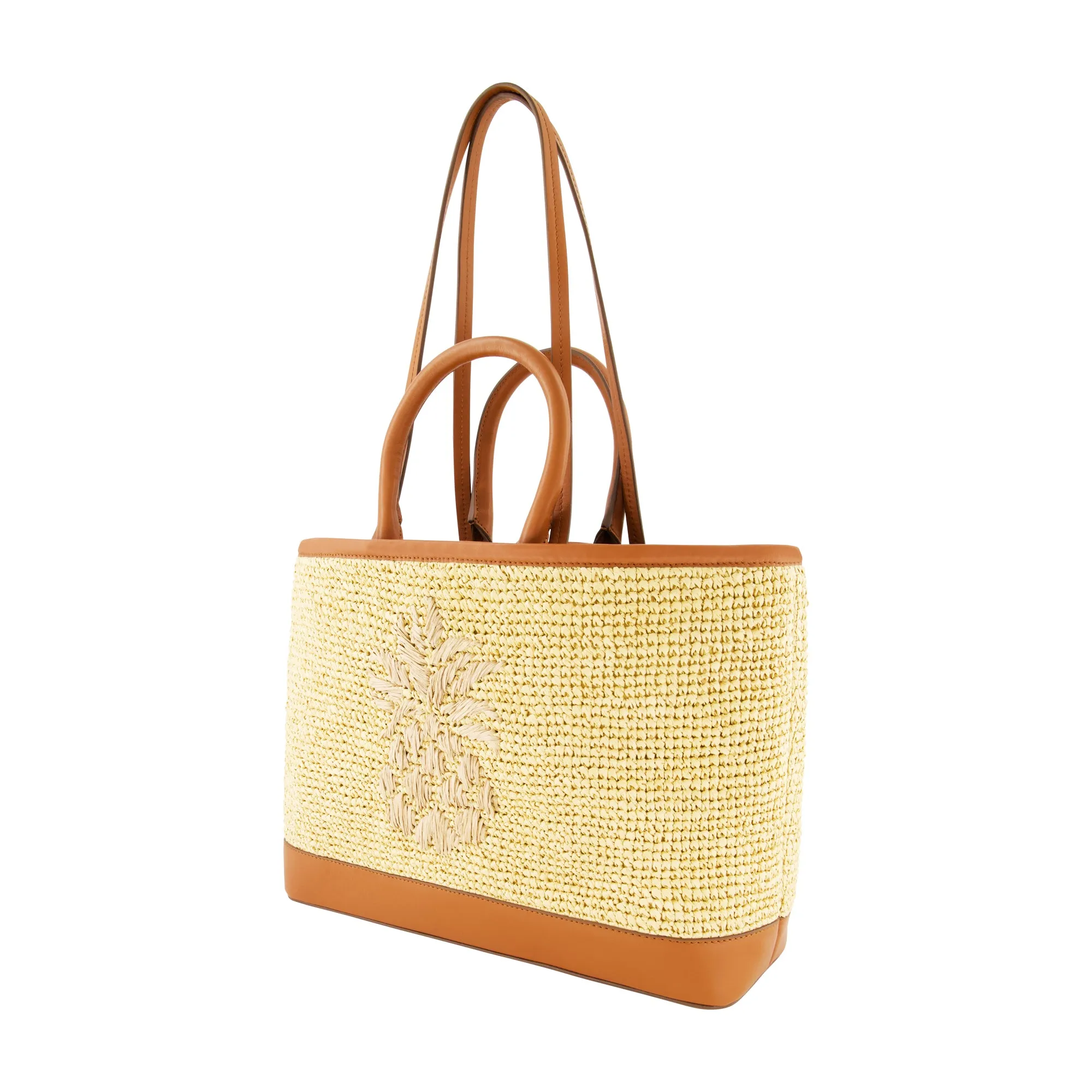 Leather Trim Raffia Tote with pouch