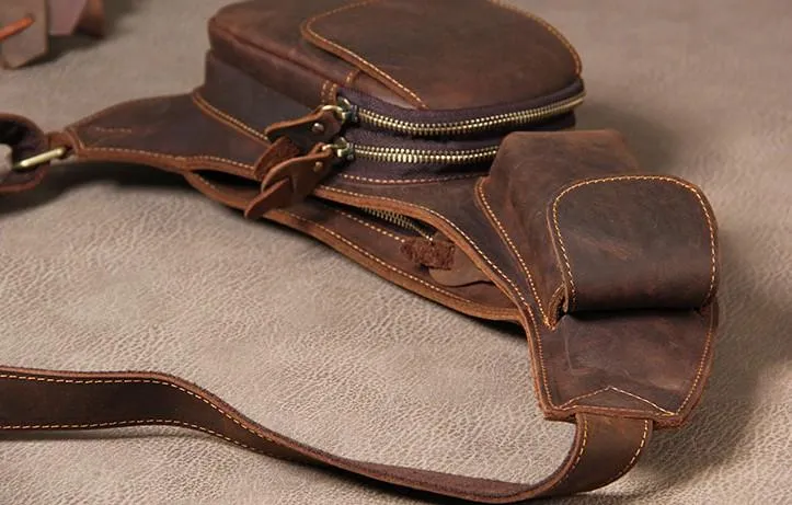 Leather Vintage Brown Mens Sling Bag Shoulder Sling Bag Chest Bag for men