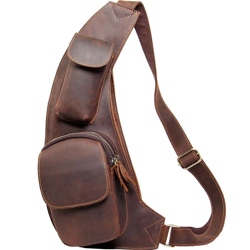 Leather Vintage Brown Mens Sling Bag Shoulder Sling Bag Chest Bag for men