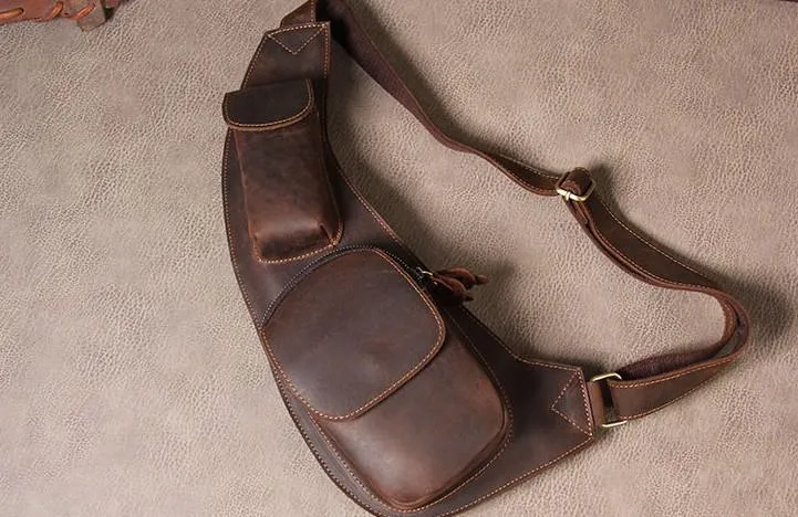 Leather Vintage Brown Mens Sling Bag Shoulder Sling Bag Chest Bag for men