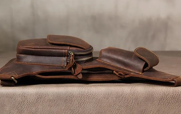 Leather Vintage Brown Mens Sling Bag Shoulder Sling Bag Chest Bag for men