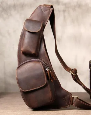 Leather Vintage Brown Mens Sling Bag Shoulder Sling Bag Chest Bag for men