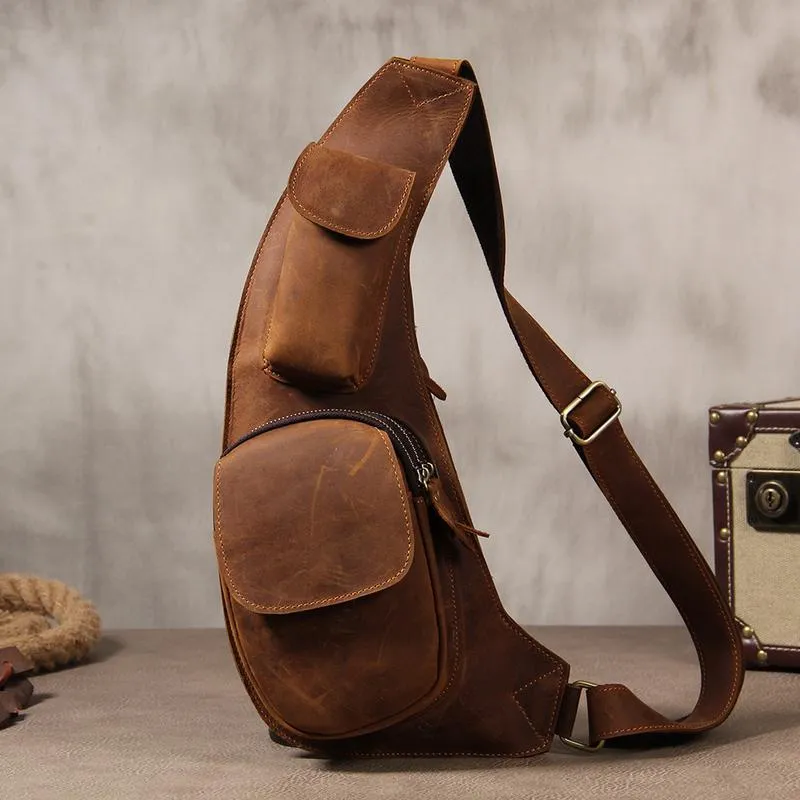 Leather Vintage Brown Mens Sling Bag Shoulder Sling Bag Chest Bag for men