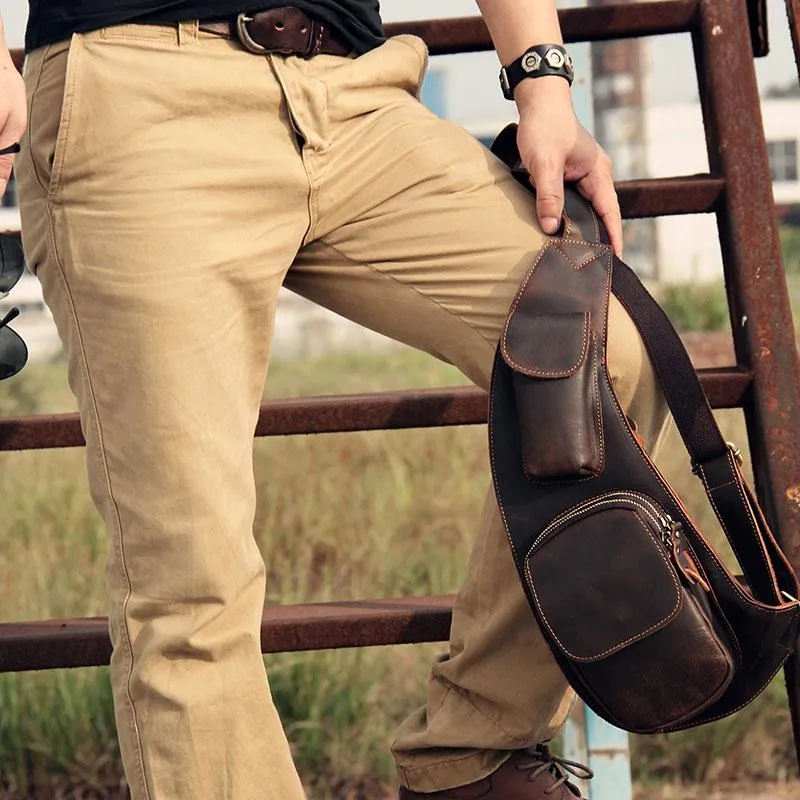Leather Vintage Brown Mens Sling Bag Shoulder Sling Bag Chest Bag for men