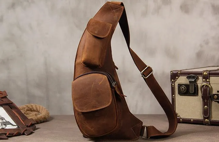 Leather Vintage Brown Mens Sling Bag Shoulder Sling Bag Chest Bag for men