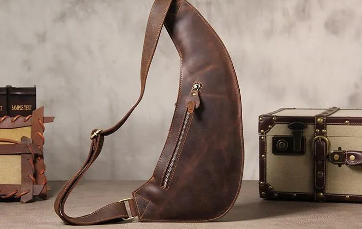 Leather Vintage Brown Mens Sling Bag Shoulder Sling Bag Chest Bag for men
