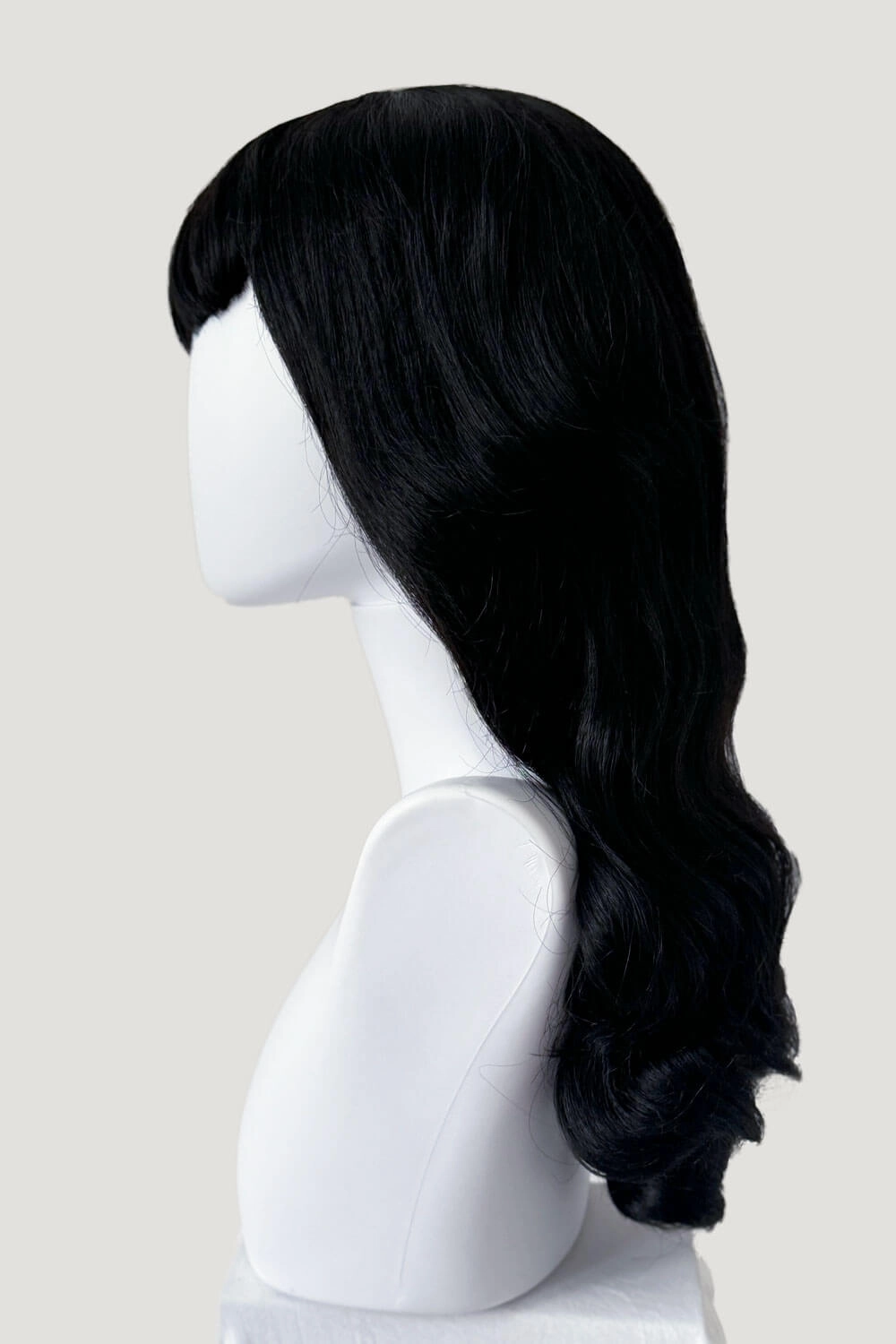 Long black 1950s pin up style wig with platinum streak and retro fringe: Michelle
