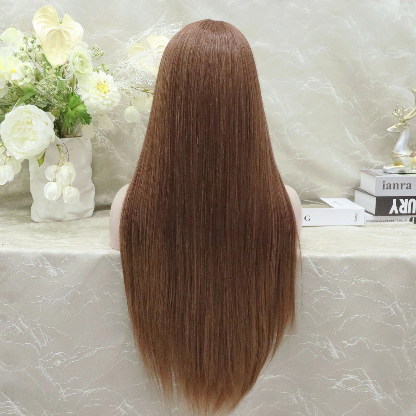 Long Pinkish Brown Silky Straight Synthetic Full Lace Wig