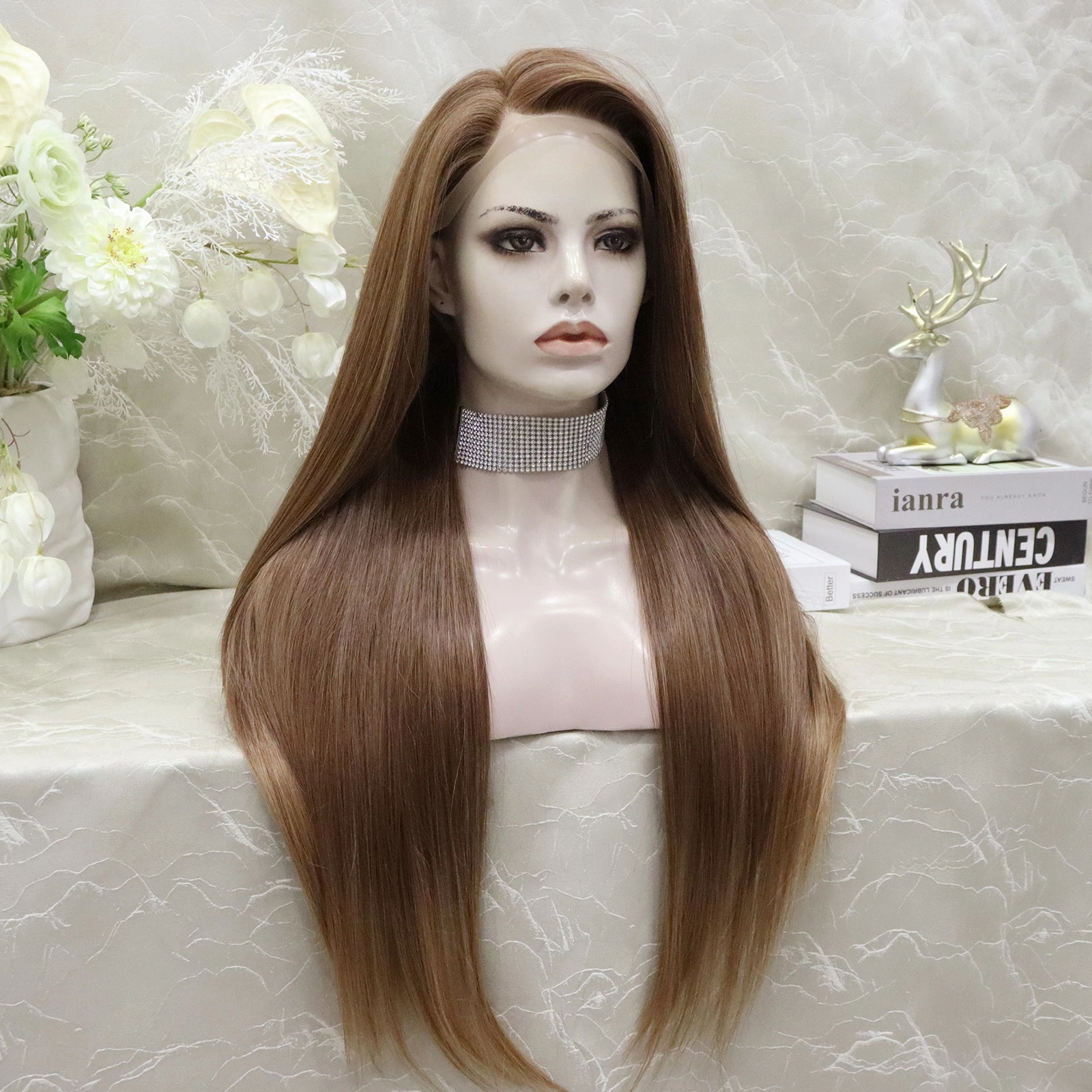 Long Pinkish Brown Silky Straight Synthetic Full Lace Wig